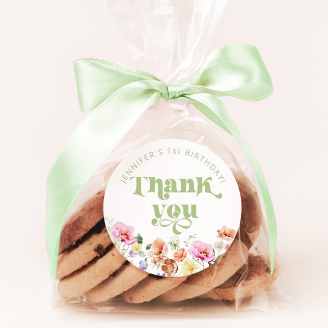 Wildflower Wild one birthday thank you Classic Round Sticker (Creator Uploaded)