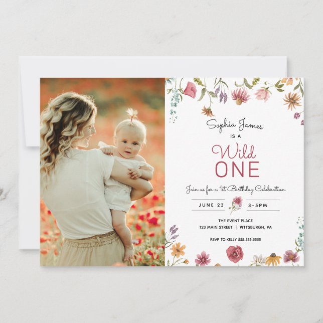 Wildflower Wild One First Birthday Photo Invitation (Front)