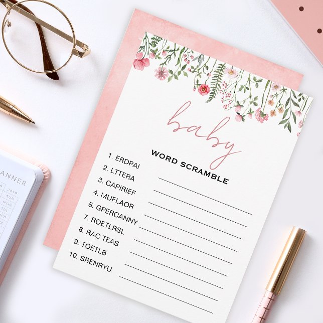 Wildflower word scramble baby shower games advice card (Creator Uploaded)