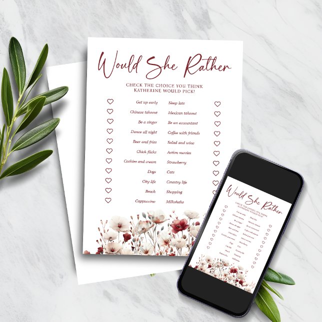 Wildflower Would She Rather Bridal Shower Game Invitation (Wildflower Would She Rather Bridal Shower Game with Instant Download)