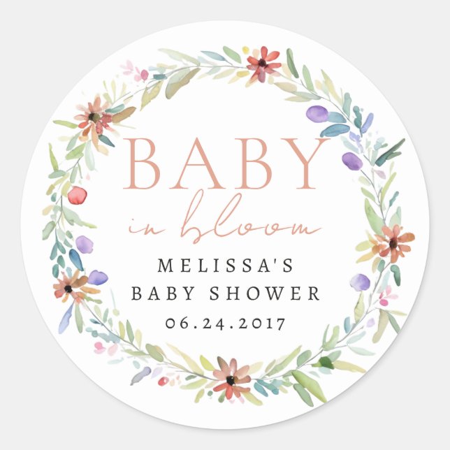 Wildflower Wreath Baby in bloom Baby Shower Classic Round Sticker (Front)