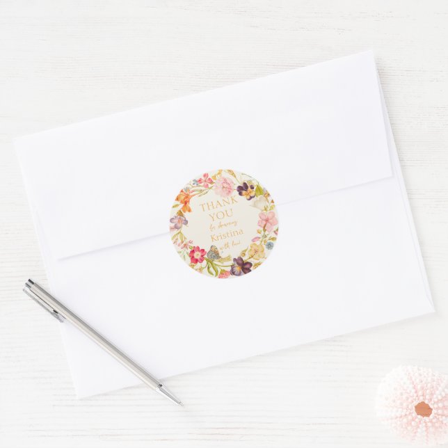 Wildflower Wreath  Baby Shower Thank You Classic Round Sticker (Envelope)
