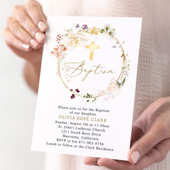 Wildflower Wreath Baptism Christening Gold Frame Invitation (Creator Uploaded)