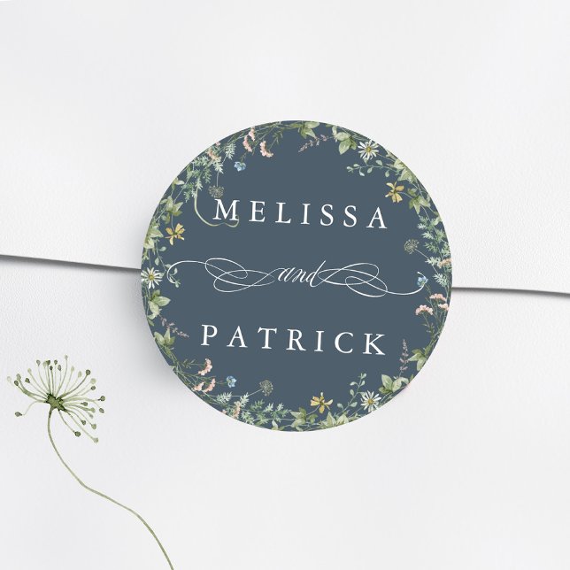 Wildflower Wreath Elegant Wedding Navy Blue Classic Round Sticker (Creator Uploaded)