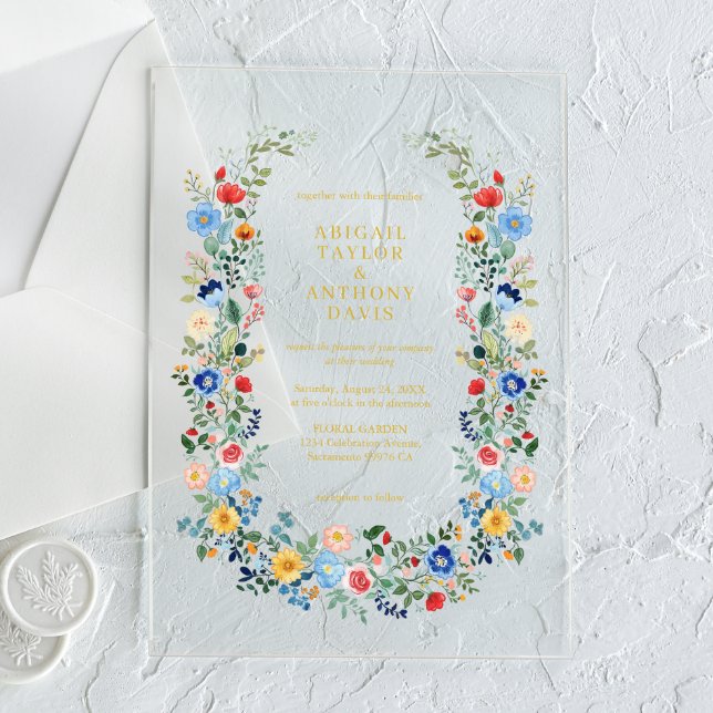 Wildflower Wreath Gold Script Garden Wedding Acrylic Invitations (Creator Uploaded)