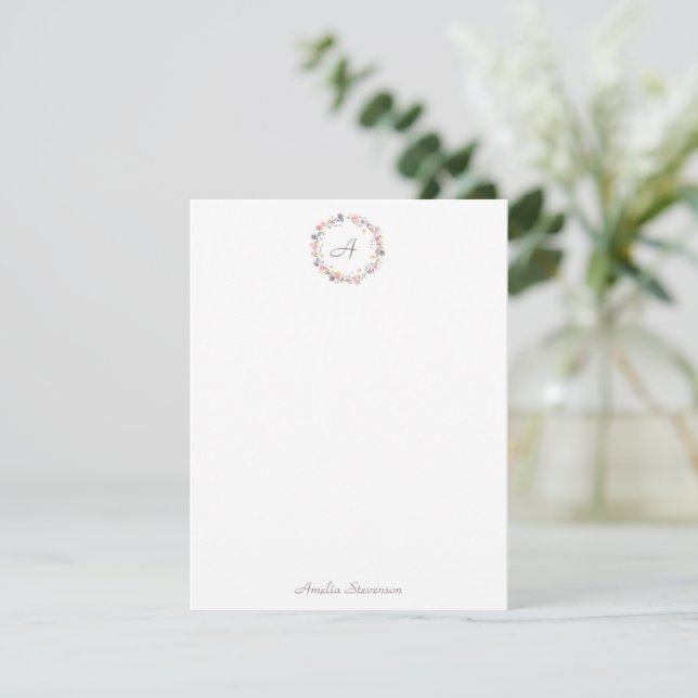Wildflower Wreath Monogram Personalised Stationery Card (Standing Front)
