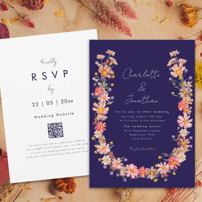 Wildflower Wreath Navy Blue Fall Wedding Invitation (Wildflower wreath fall navy blue wedding invitation with dried flowers and boho whimsical script)