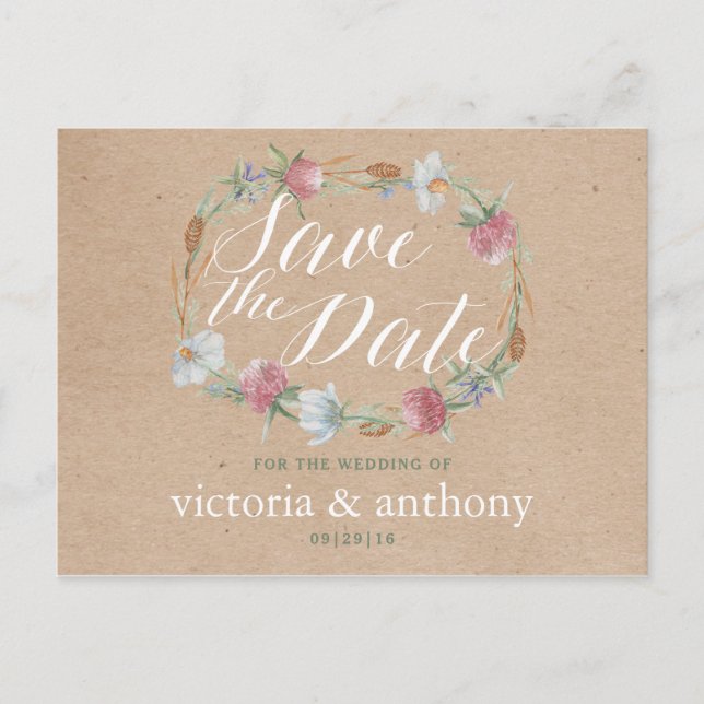 Wildflower Wreath On Kraft Country Save The Date Announcement Postcard (Front)