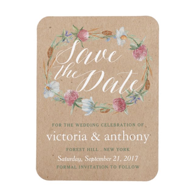 Wildflower Wreath On Kraft Country Save The Date Magnet (Vertical)