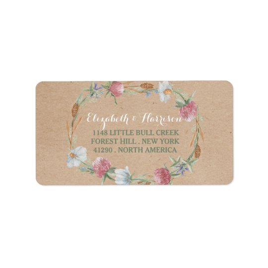 Wildflower Wreath On Kraft Country Wedding Address Label
