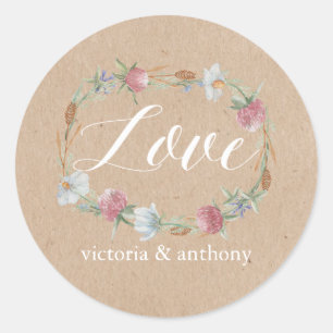 Wildflower Wreath On Kraft Country Wedding Classic Round Sticker