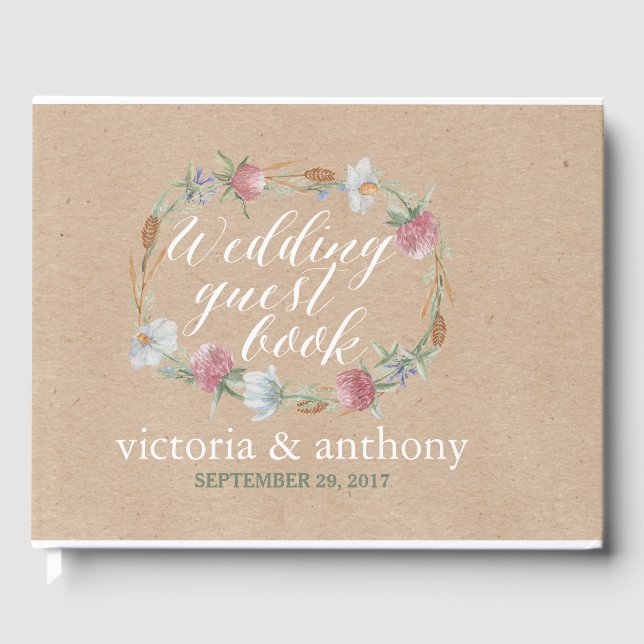 Wildflower Wreath On Kraft Country Wedding Guest Book (Front)