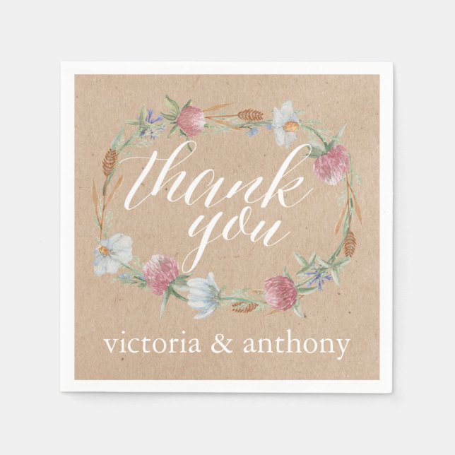 Wildflower Wreath On Kraft Country Wedding Napkin (Front)