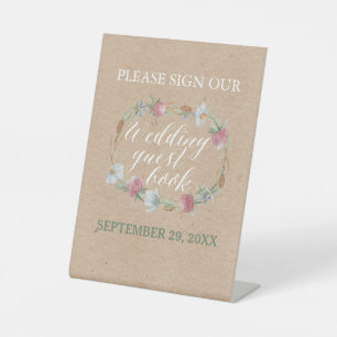 Wildflower Wreath On Kraft Country Wedding Pedestal Sign