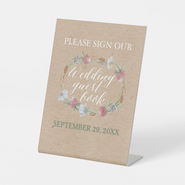 Wildflower Wreath On Kraft Country Wedding Pedestal Sign (Front)