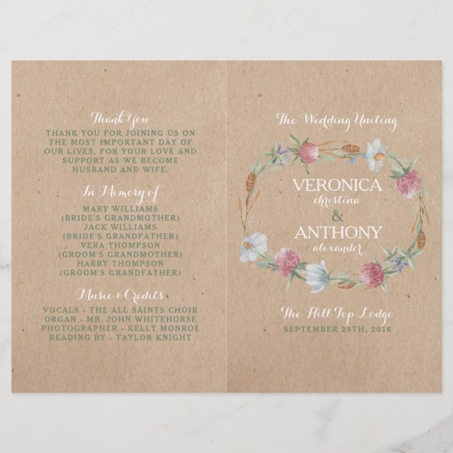 Wildflower Wreath On Kraft Country Wedding Program (Front)