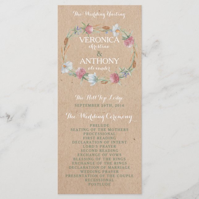 Wildflower Wreath On Kraft Country Wedding Program Programme (Front)