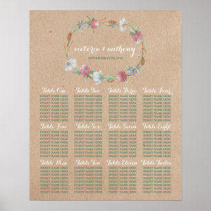 Wildflower Wreath On Kraft Country Wedding Seating Poster