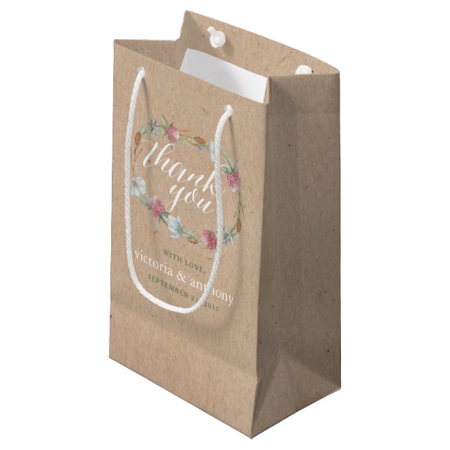 Wildflower Wreath On Kraft Country Wedding Small Gift Bag (Front Angled)