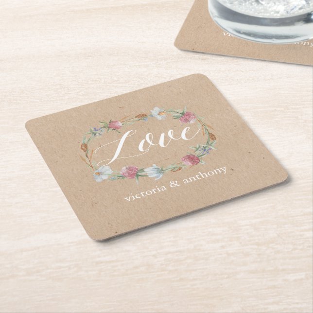 Wildflower Wreath On Kraft Country Wedding Square Paper Coaster (Angled)