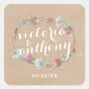 Wildflower Wreath On Kraft Country Wedding Square Sticker