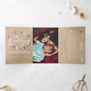 Wildflower Wreath On Kraft Country Wedding Suite Tri-Fold Invitation
