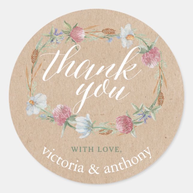 Wildflower Wreath On Kraft Country Wedding Thank Classic Round Sticker (Front)