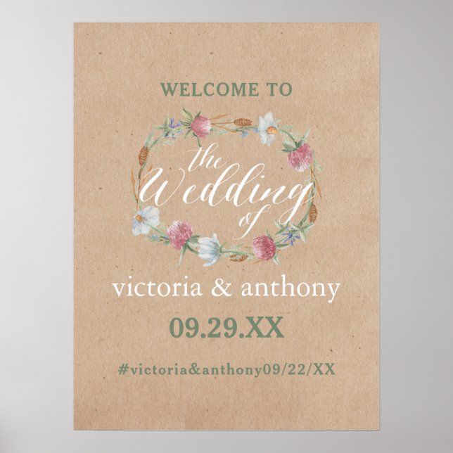 Wildflower Wreath On Kraft Country Wedding Welcome Poster (Front)