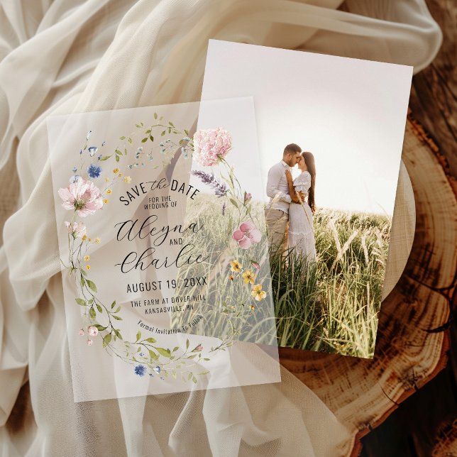 Wildflower Wreath Overlay Wedding Save the Date Vellum Invitations (Elegant colorful spring summer wildflower floral wreath wedding save the date vellum photo overlay)