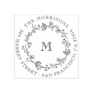 Wildflower Wreath Round Family Name Return Address Rubber Stamp