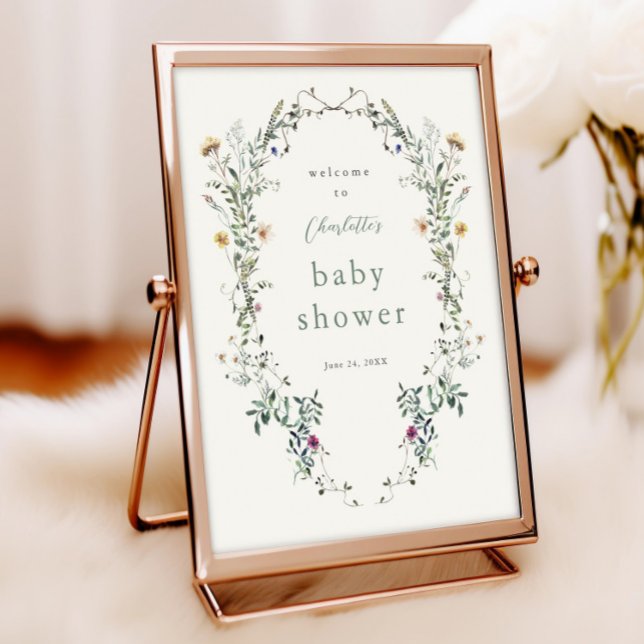 Wildflower Wreath Spring Baby Shower Welcome Poster (Elegant floral wreath wildflower baby shower welcome sign.)
