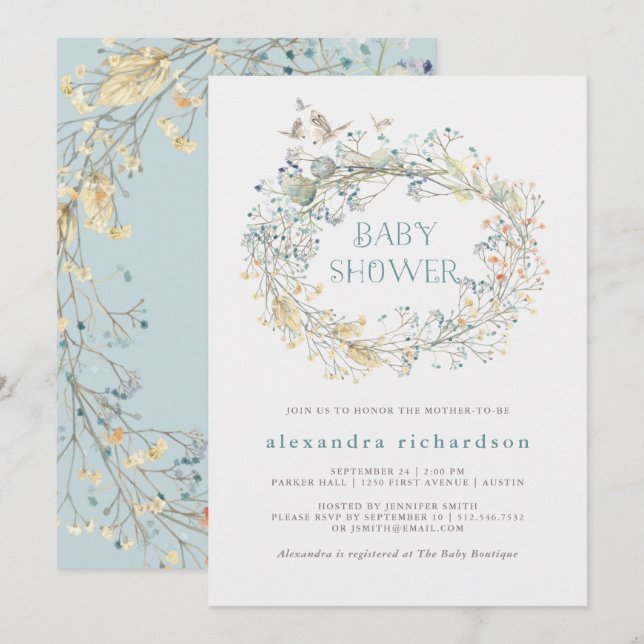 Wildflower Wreath with Butterfly | Baby Shower Invitation (Front/Back)
