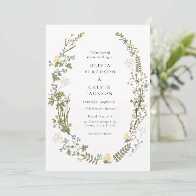 Wildflower Yellow and Blue Flowers Wreath Wedding Invitation (Standing Front)