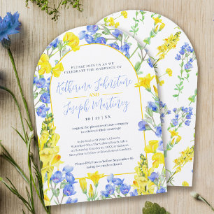 Wildflower yellow blue watercolor arch wedding invitation