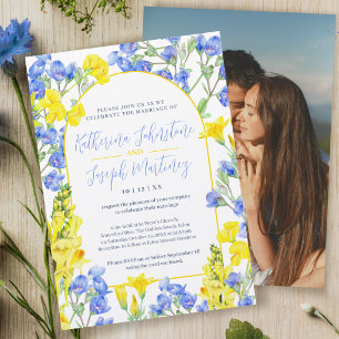 Wildflower yellow blue watercolor arch wedding invitation