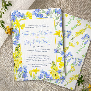 Wildflower yellow blue watercolor botanic wedding invitation