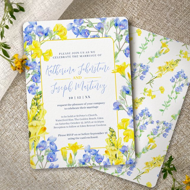 Wildflower yellow blue watercolor botanic wedding invitation (Creator Uploaded)
