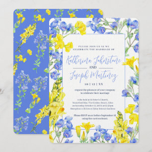 Wildflower yellow blue watercolor botanic wedding invitation