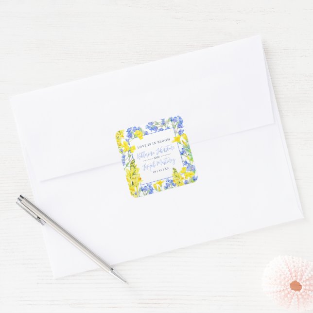Wildflower yellow blue watercolor botanic wedding square sticker (Envelope)