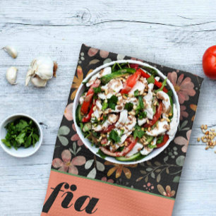 Wildflower yellow boho pattern custom name black tea towel