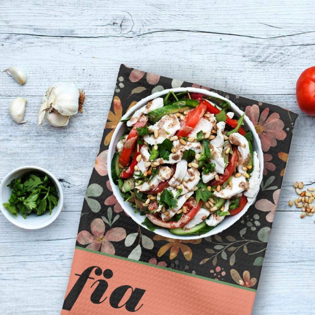 Wildflower yellow boho pattern custom name black tea towel (Creator Uploaded)