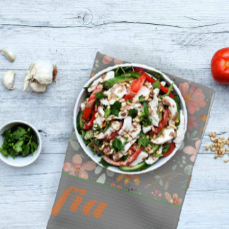 Wildflower yellow boho pattern custom name grey tea towel