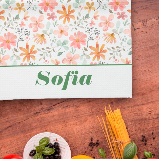 Wildflower yellow boho pattern custom name white tea towel (Creator Uploaded)