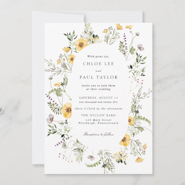 Wildflower Yellow Elegant Frame Wedding Invitation (Front)