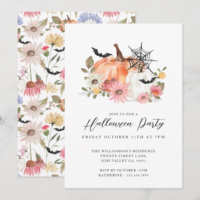 Wildflower Yellow & White Pumpkin Halloween Party Invitation (Front/Back)