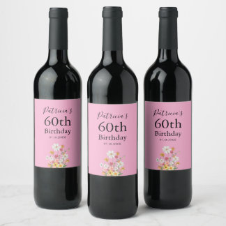 Wildflowers 60th Birthday Pink Party Wine Label