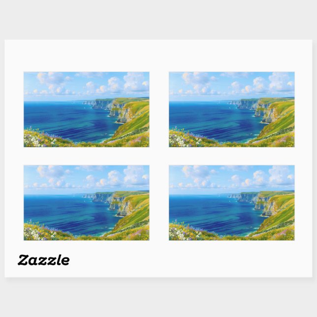 "Wildflowers Above the Sea" – A Welsh Seascape Rectangular Sticker (Sheet)