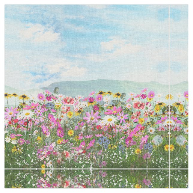 Wildflowers against a Blue Sky Fabric (Close Up)