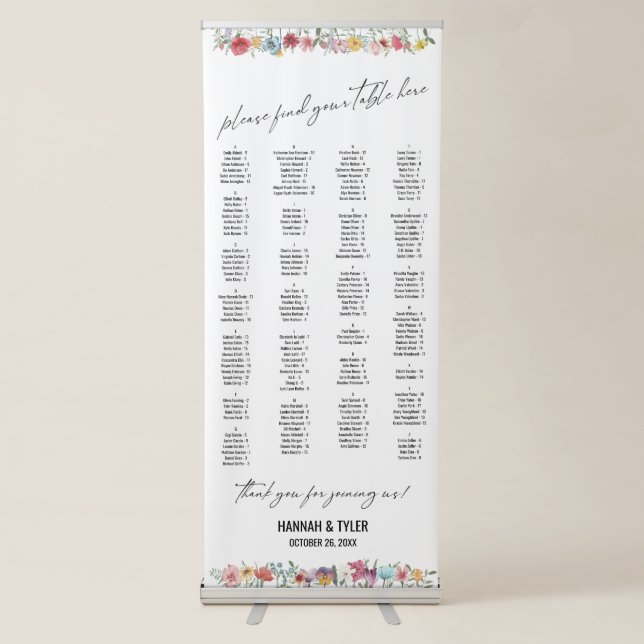 Wildflowers Alphabetical Seating Chart 170 Names Retractable Banner (Front)