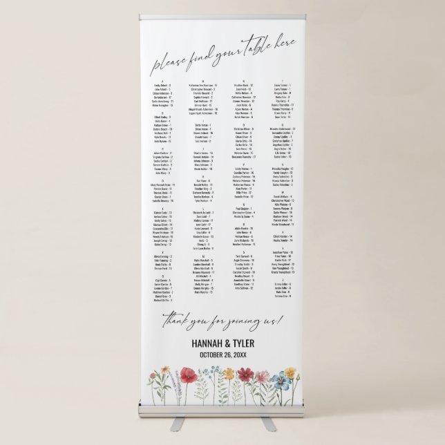 Wildflowers Alphabetical Seating Chart 170 Names Retractable Banner (Front)